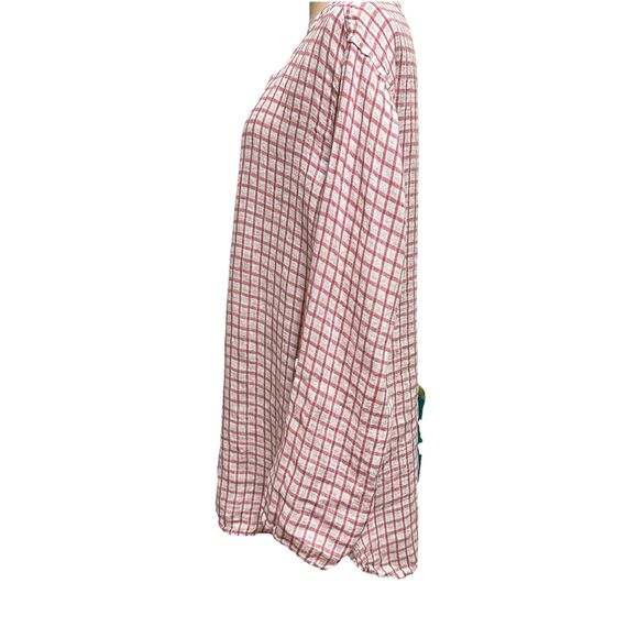 Flax Women's 100% Linen Button Front Plaid Tunic Top Lagenlook Size L White Red - Picture 3 of 14